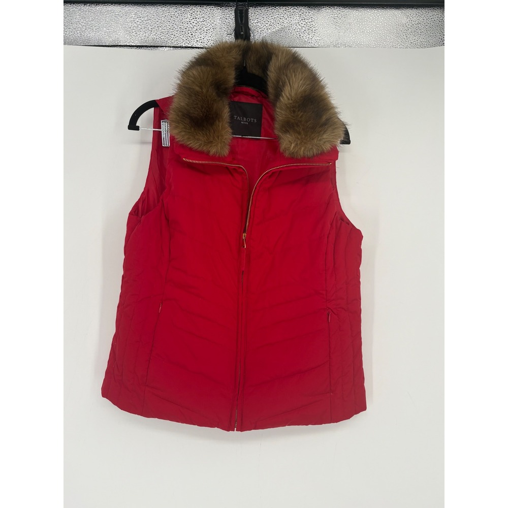 Talbots Puffer Vest Women MP Red Down Filled Faux Fur Collar Quilted